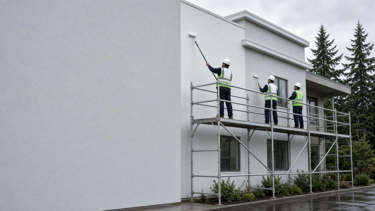 Commercial painting crew on scaffold on a Burnaby commercial building